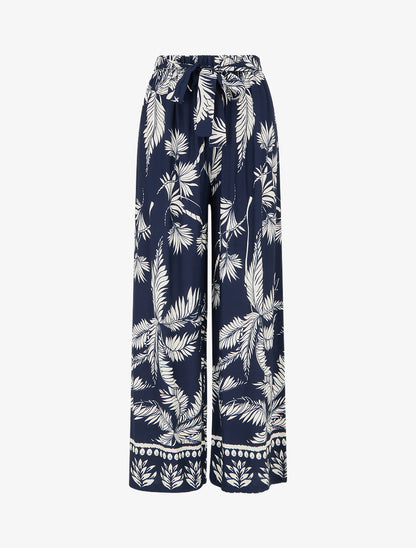 Pantalon élastiquée fluide imprimé feuillage - Marine - 1