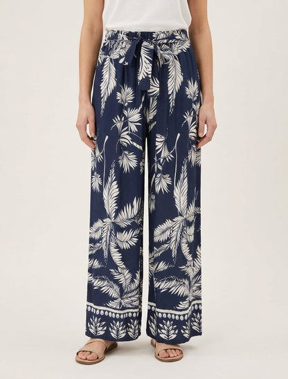 Elastische vloeiende broek met bladerprint - Marine