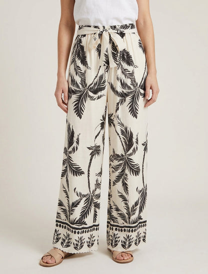 Elastische vloeiende broek met bladerprint - Beige