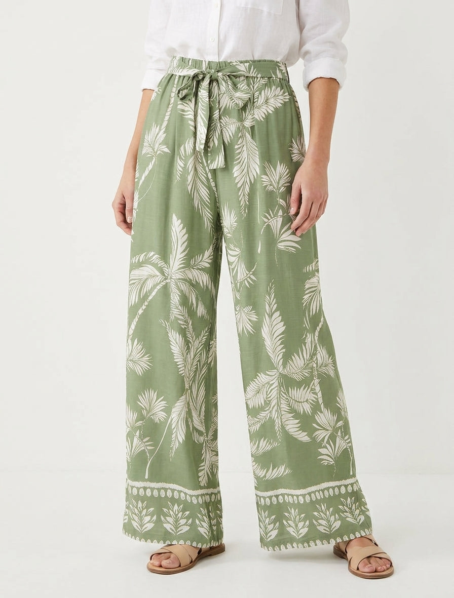 Elastische vloeiende broek met bladerprint - Kaki