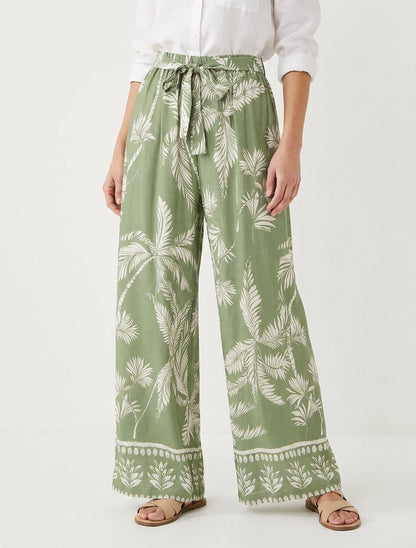 Elastische vloeiende broek met bladerprint - Kaki