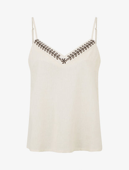 Caraco en lin mélangé à col brodé - Beige - 1