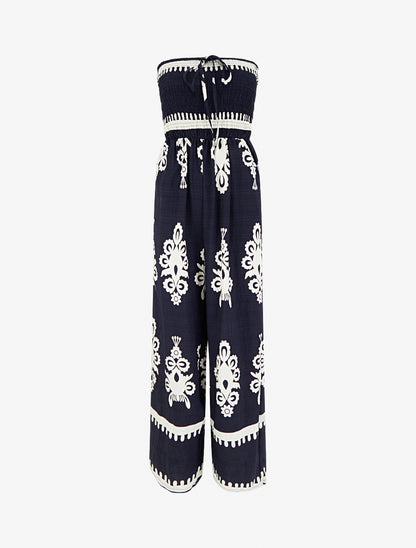 Combinaison à bustier élastiquée et imprimé graphique - Marine - 1