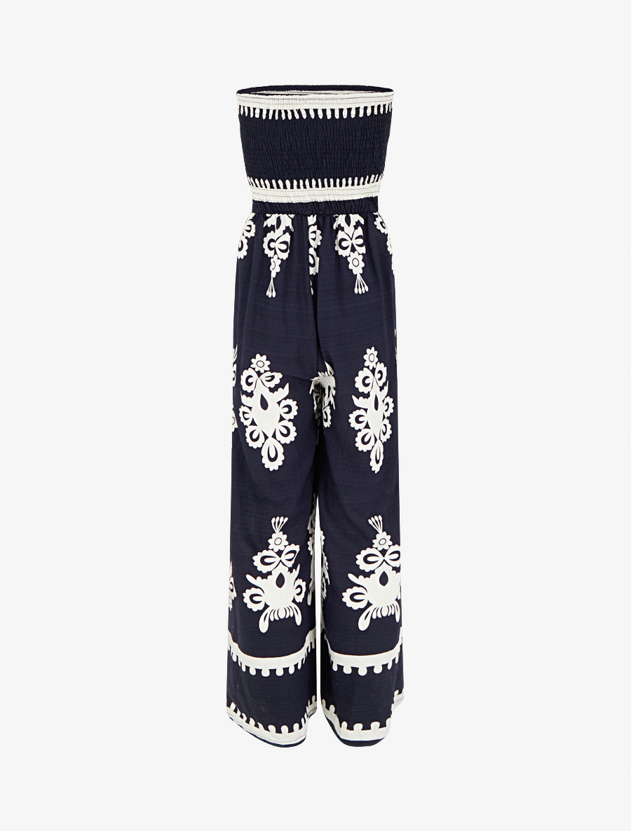 Combinaison à bustier élastiquée et imprimé graphique - Marine - 2