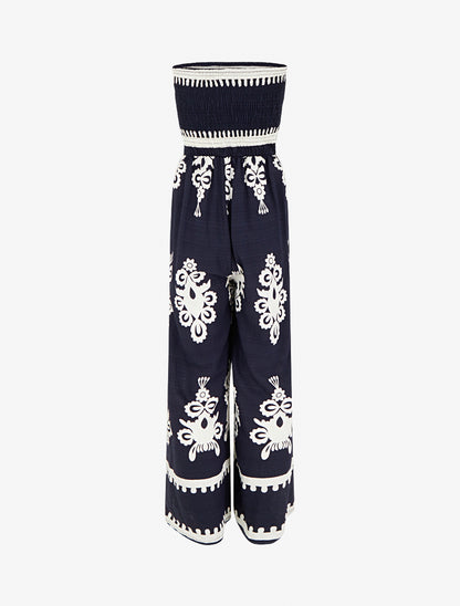 Combinaison à bustier élastiquée et imprimé graphique - Marine - 2