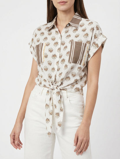 Kort bloemenprint knoopblouse - Bruin