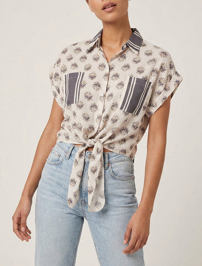 Kort bloemenprint knoopblouse - Donkergrijs