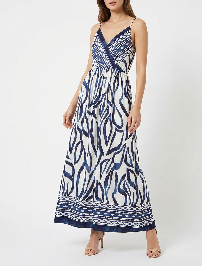 Lange jurk met elastiek en fantasieprint. - Marine