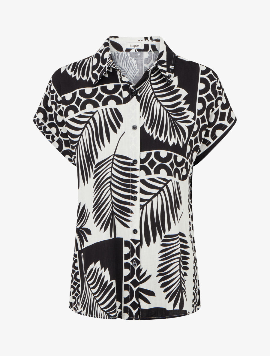Chemise ample manches courtes imprimé feuilles tropicales - Noir - 1