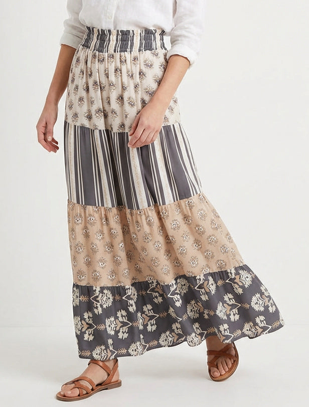 Lange patchwork rok met een uitlopende snit - Donkergrijs
