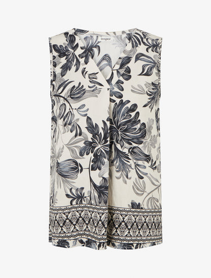 Top droit à col V et imprimé végétal - Marine - 1