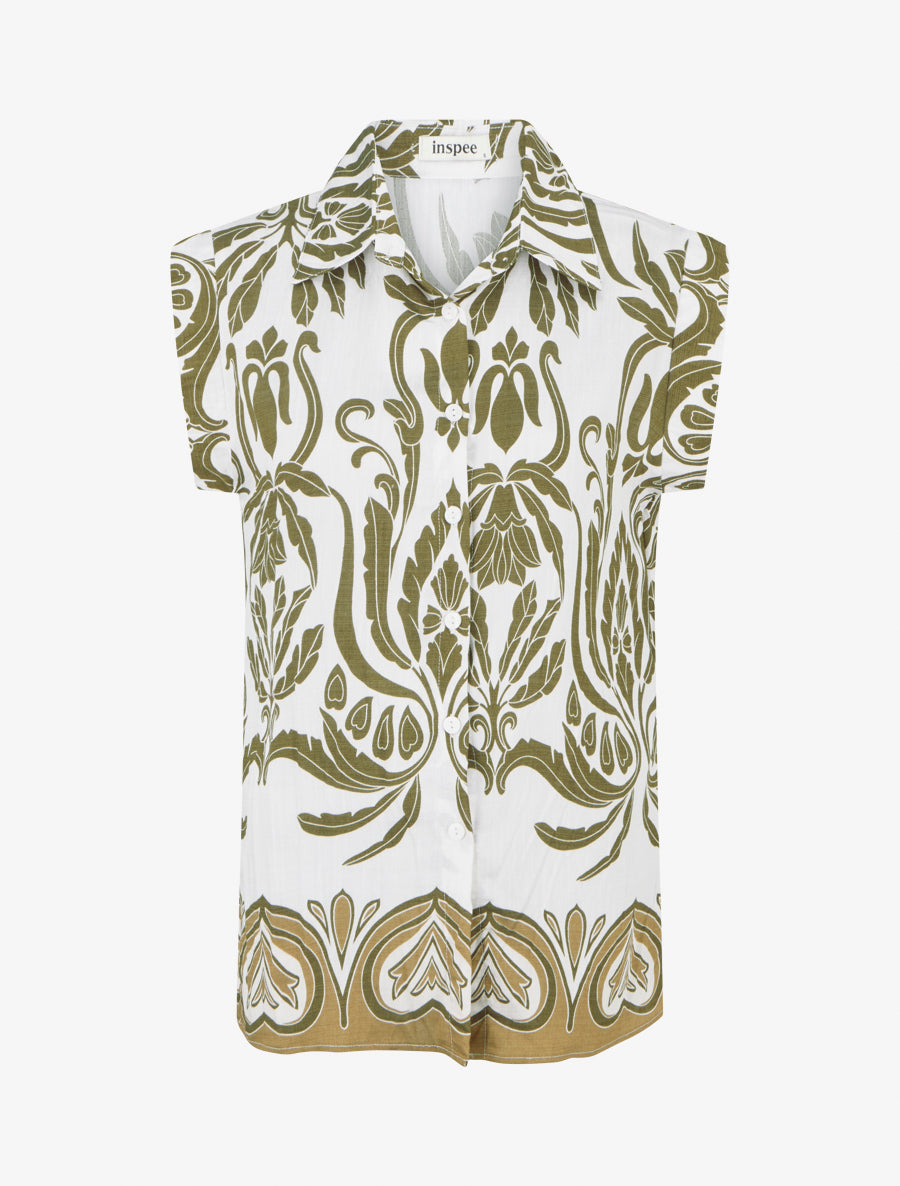 Chemise droite sans manches motif arabesque - Kaki - 1