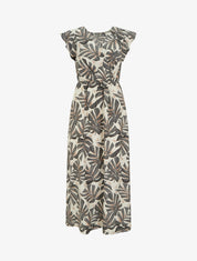 Robe longue imprimé feuilles à manches courtes - Gris - 1