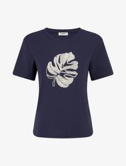 T-shirt uni à broderie feuille - Marine - 1