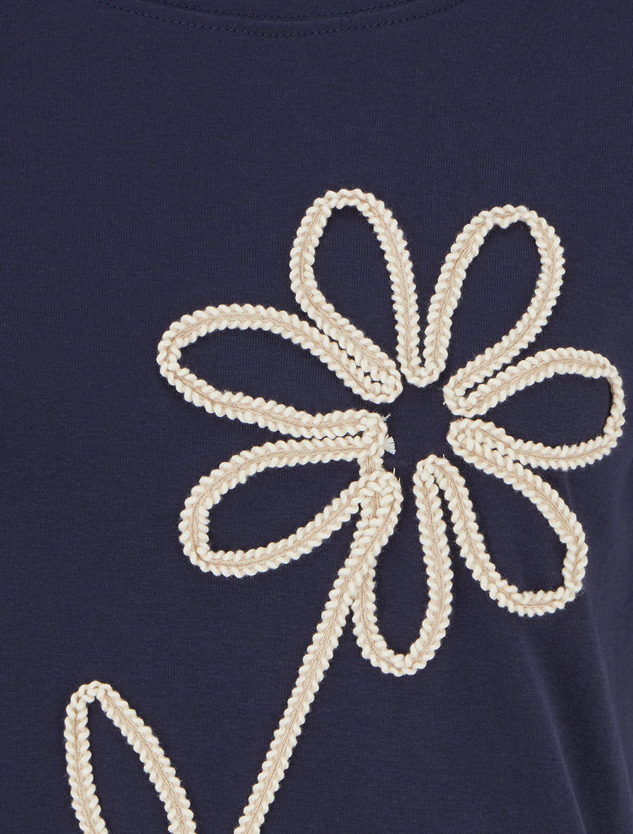 T-shirt uni à broderie fleur - Marine - 3