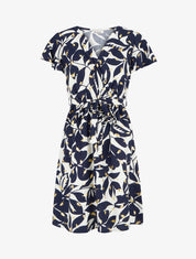 Robe mi-longue imprimé feuilles et irisée - Marine - 1