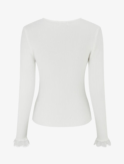 Pull ajusté à col V dentelle et boutons - Écru - 2
