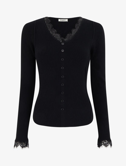 Pull ajusté à col V dentelle et boutons - Noir - 1