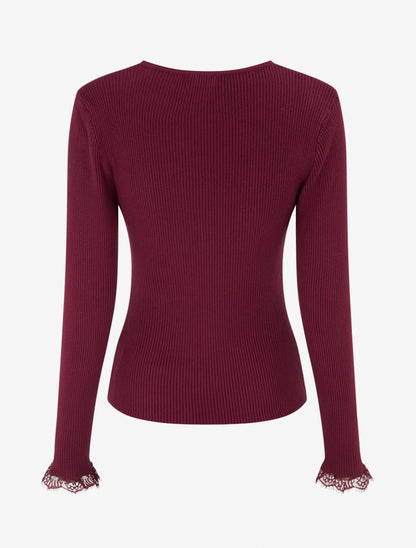 Pull ajusté à col V dentelle et boutons - Violine - 2