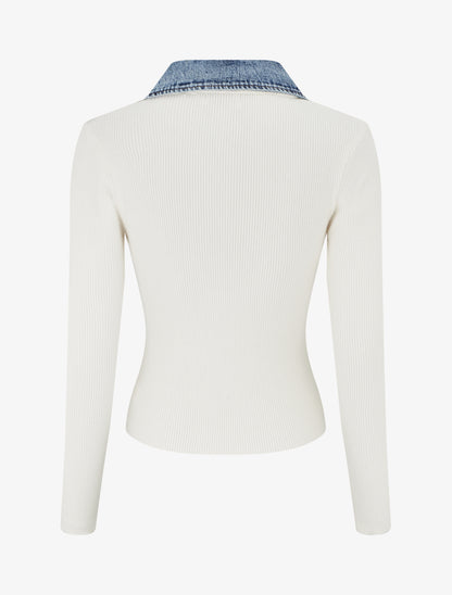 Pull fin en maille à col boutonné en jean - Écru - 2