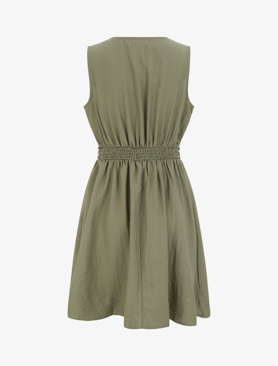Robe mi-longue en lin à buste brodé - Kaki - 2