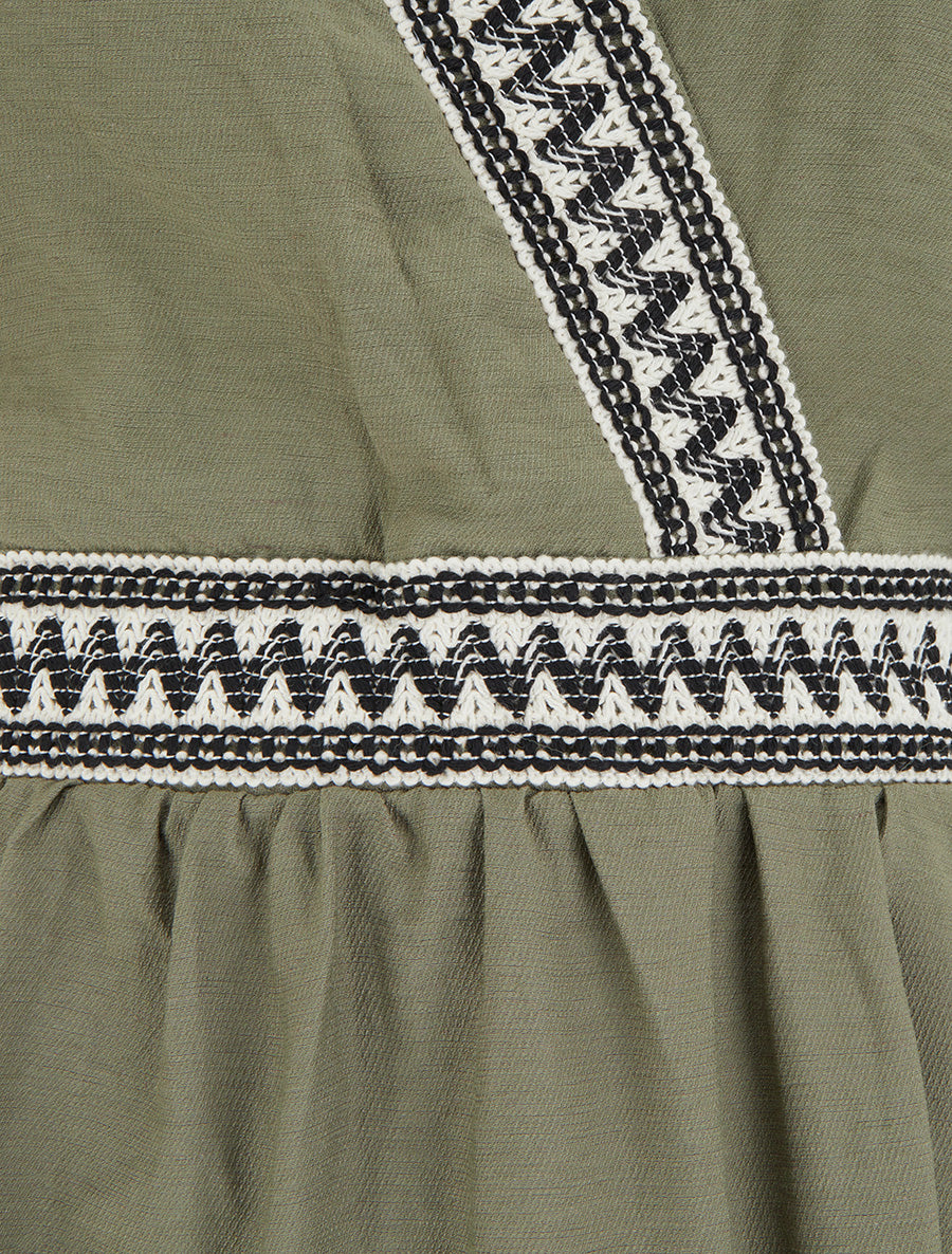 Robe mi-longue en lin à buste brodé - Kaki - 3