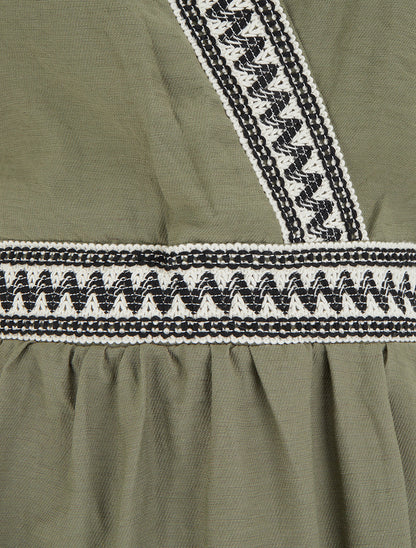 Robe mi-longue en lin à buste brodé - Kaki - 3