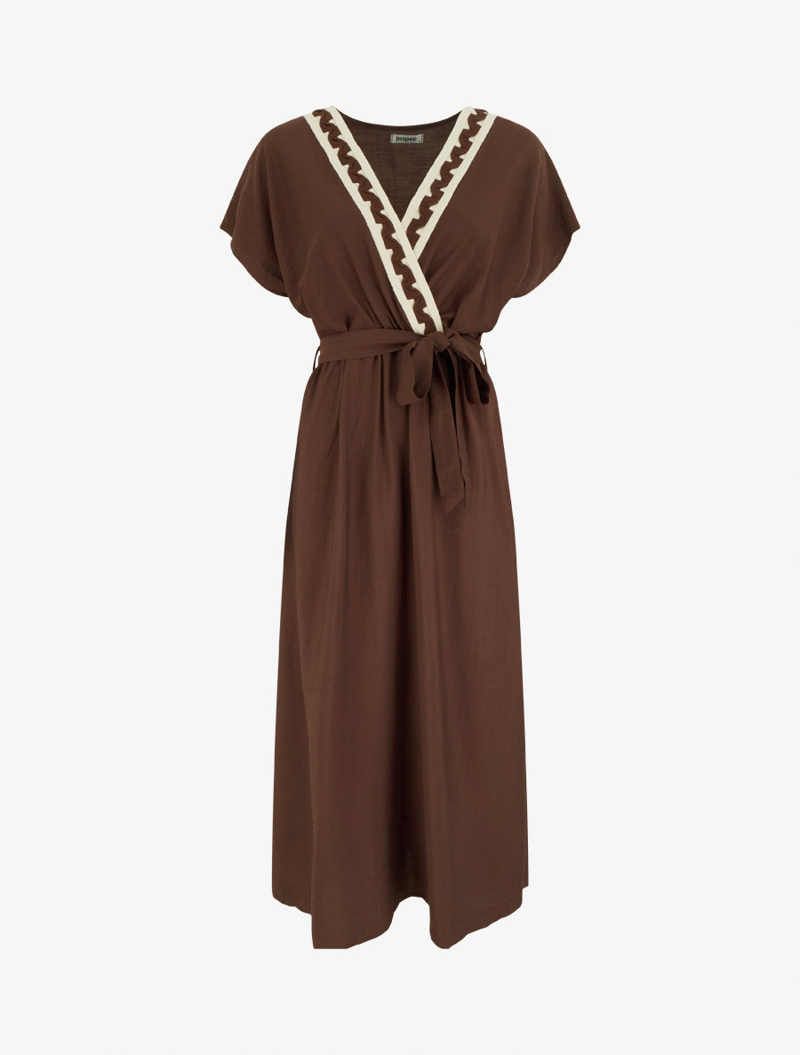 Robe longue manches courtes à col fantaisie - Marron - 1