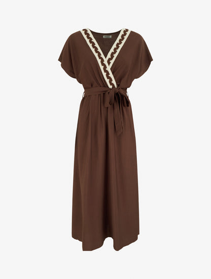 Robe longue manches courtes à col fantaisie - Marron - 1