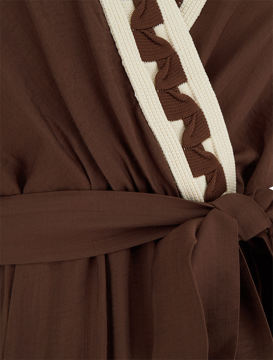 Robe longue manches courtes à col fantaisie - Marron - 3