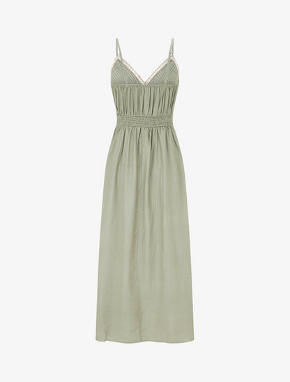 Robe longue uni à buste brodé - Kaki - 2