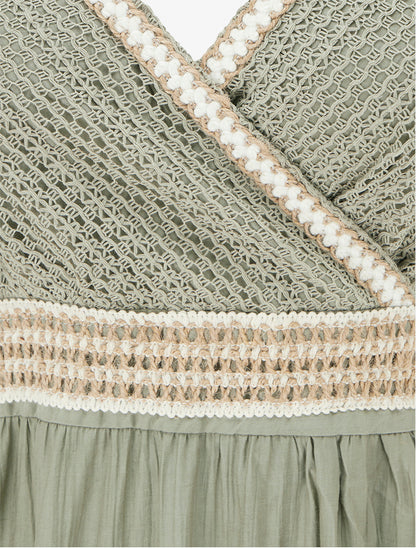 Robe longue uni à buste brodé - Kaki - 3