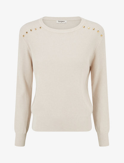Pull côtelé à clous décoratifs aux épaules - Taupe clair - 1