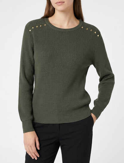 Geribbelde trui met decoratieve studs op de schouders - Kaki