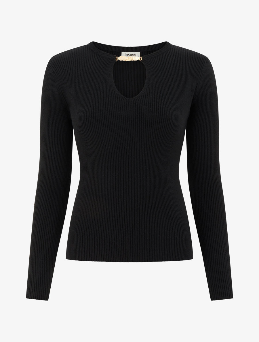 Pull côtelé à empiècement bijou - Noir - 1