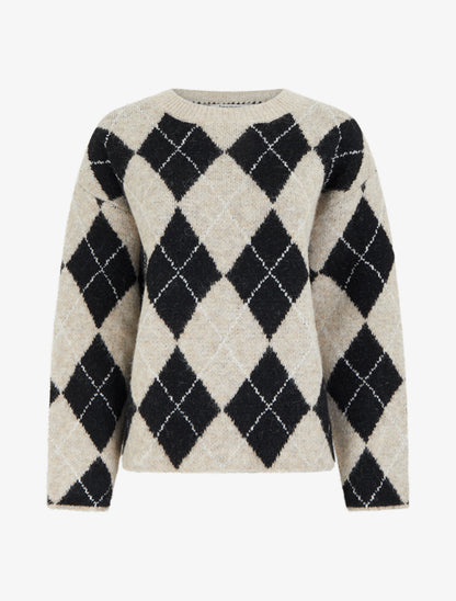 Pull ample en laine mélangée à motif losanges - Beige - 1