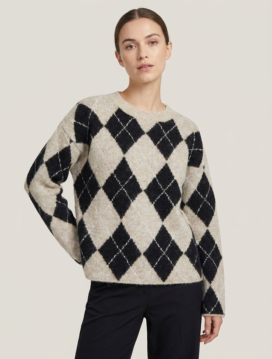 Ruime trui van een wolmix met ruitpatroon - Beige
