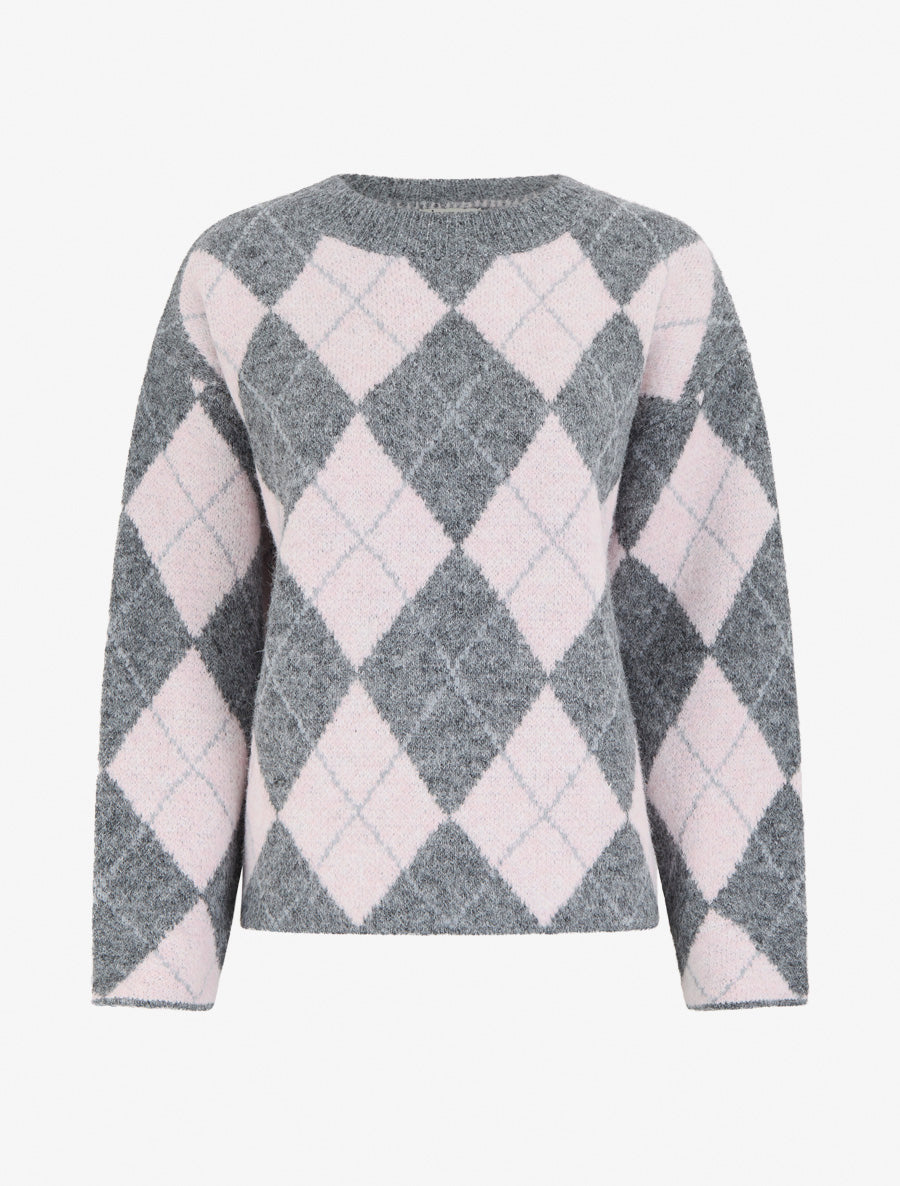 Pull ample en laine mélangée à motif losanges - Gris - 1