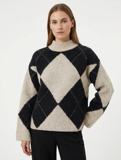 Trui van een wolmix met ruitpatroon - Beige