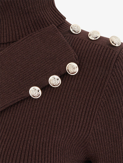 Pull en maille côtelée pailleté à col roulé - Marron - 3