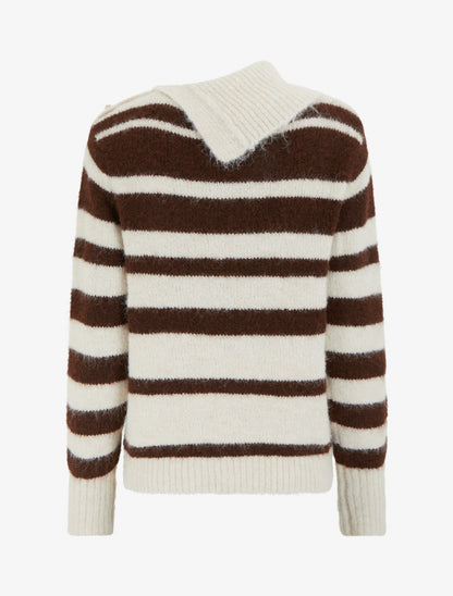 Pull rayé à col châle fantaisie et bouton bijoux - Marron/beige - 2