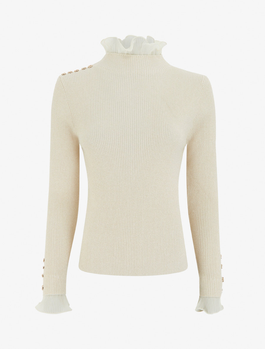 Pull côtelé et pailleté à col montant volanté - Beige - 1