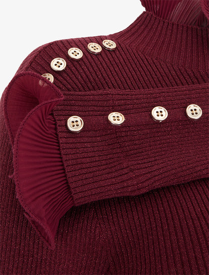 Pull côtelé et pailleté à col montant volanté - Bordeaux - 3