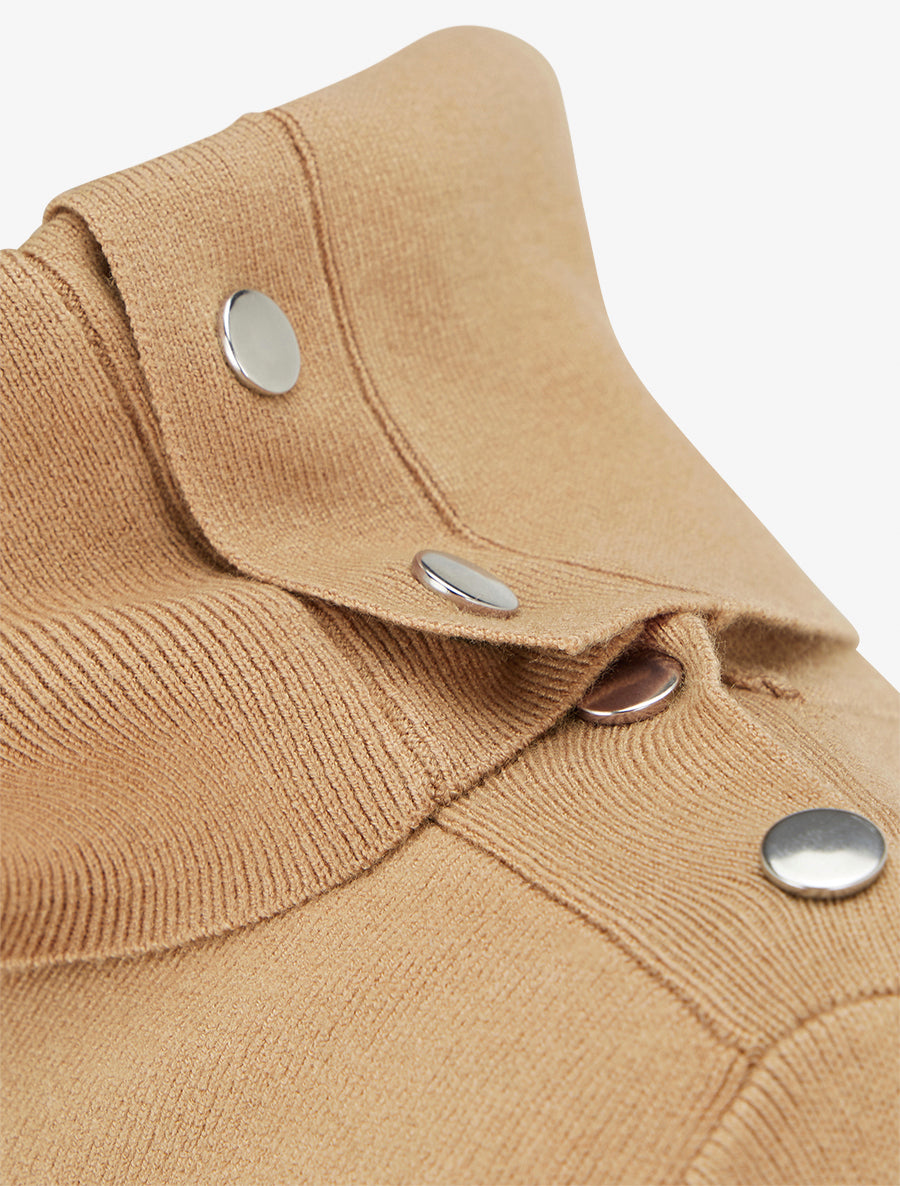 Pull fin côtelé à col roulé boutonné - Camel - 3