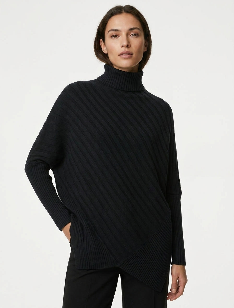 Asymmetrische oversized trui met opstaande kraag - Zwart