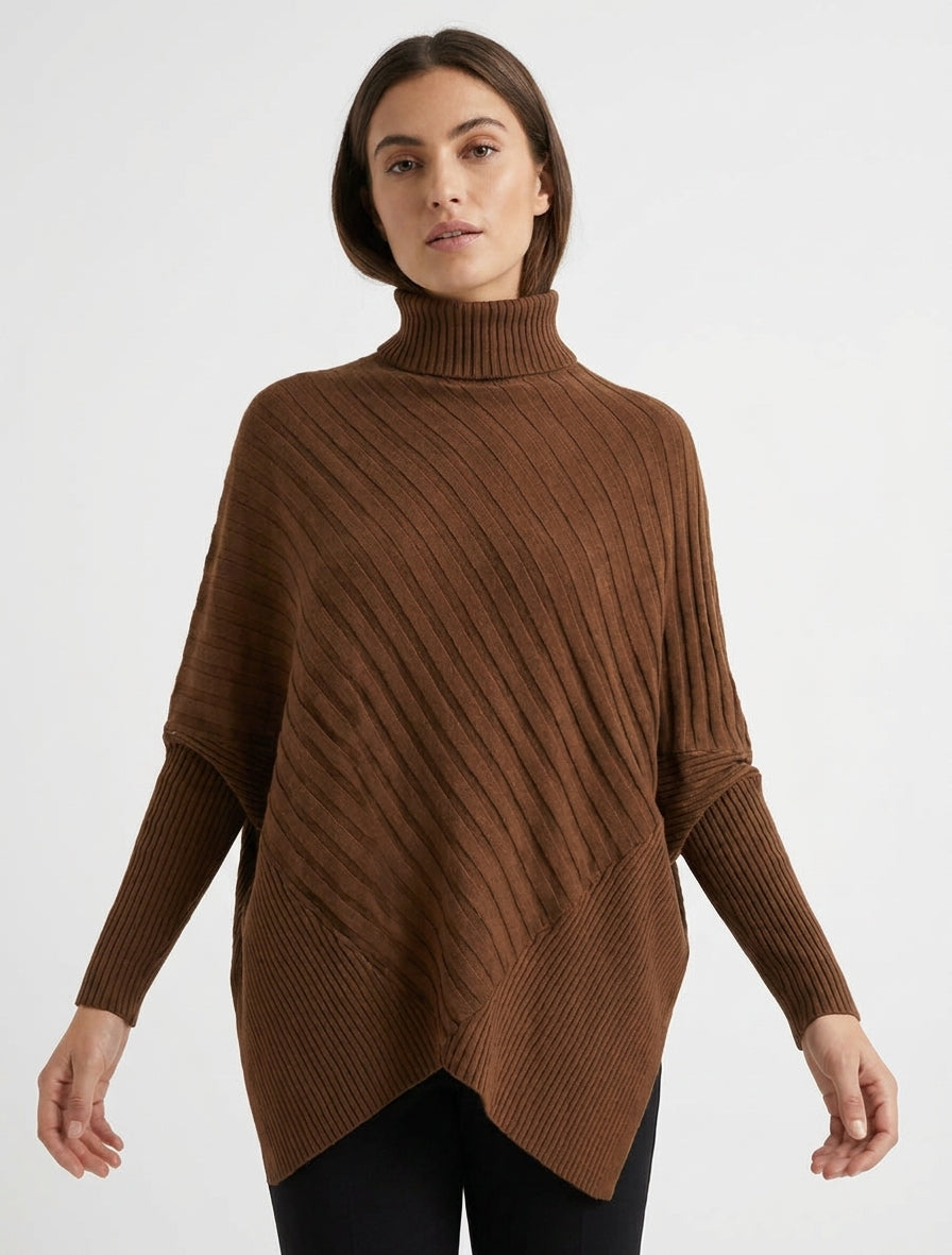 Asymmetrische oversized trui met opstaande kraag - Kameel