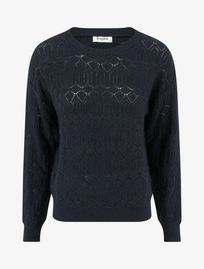 Pull uni ajouré à col rond - Bleu nuit - 1