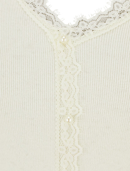 Pull côtelé à fils irisés et dentelle - Blanc - 3