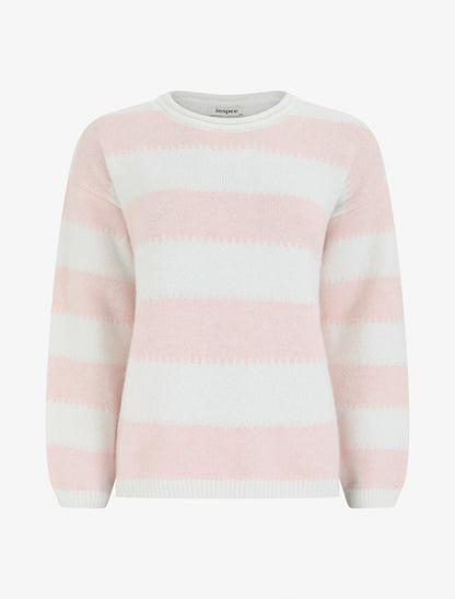 Pull droit à col rond et rayures stylisées - Rose - 1