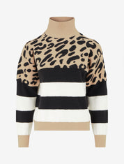 Pull imprimé léopard et rayé à col roulé - Camel clair - 1